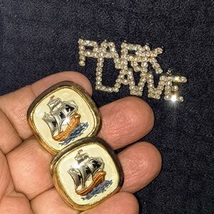 Park Lane Silver Tone Cufflinks Cream and Copper Colored Old Ship Cufflinks